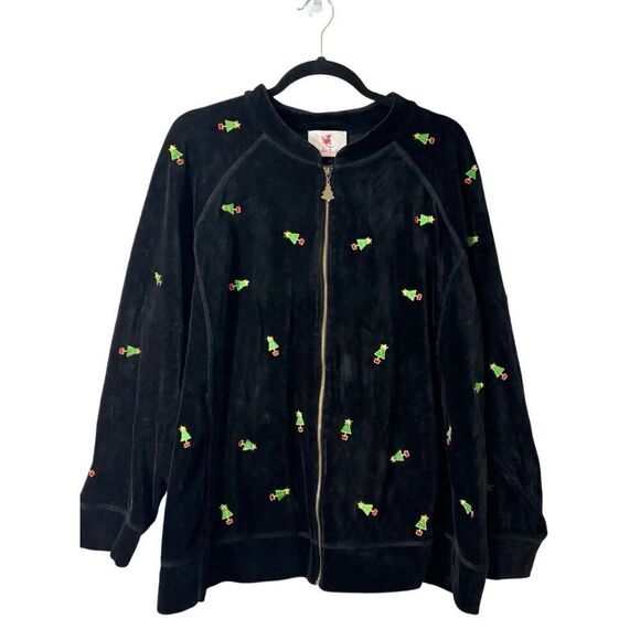 Quacker Factory little Christmas tree appliqué black velour zip jacket 3X - Picture 8 of 13